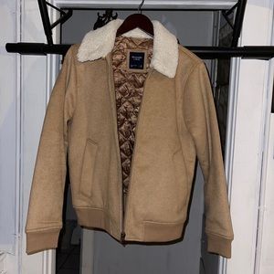 Abercrombie Men Tan White Aviator Faux Bomber Varsity Jacket Size Medium